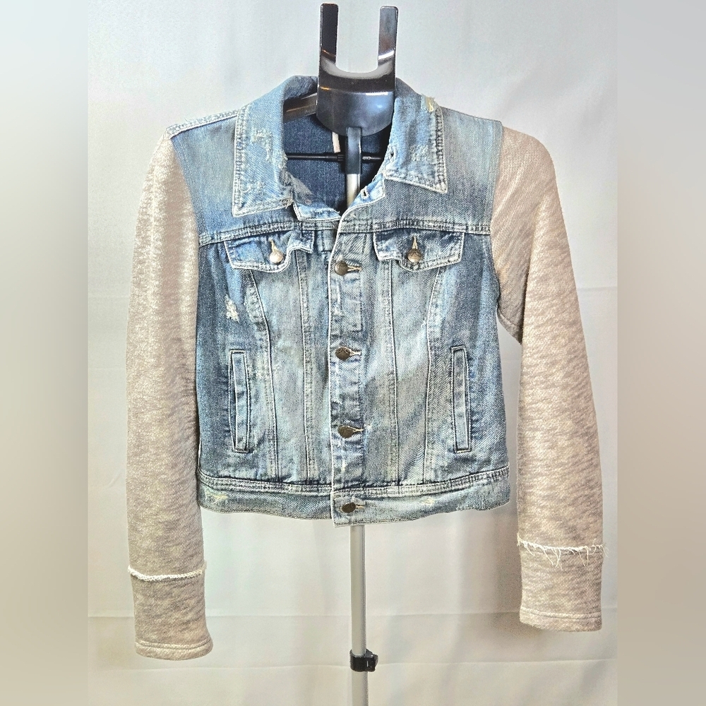 Free People Denim Knit Boho Soft Grunge Distressed Jean Jacket, Small